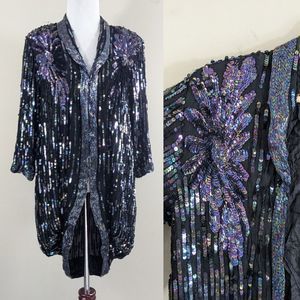 Oilslick rainbow Sequined Beaded long Silk Black Goddess Cardigan Jacket Vintage